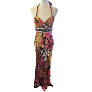 Mary L Couture Silk Halter Maxi Beading Boho Pattern Mermaid size 8 VINTAGE